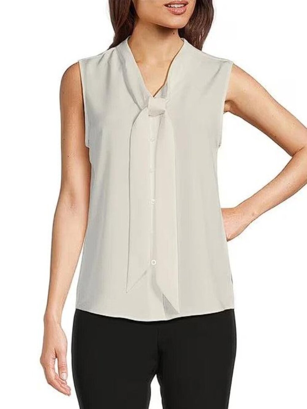 KARL LAGERFELD Women's Tie Neck Sleeveless Soft Blouse Size L In White